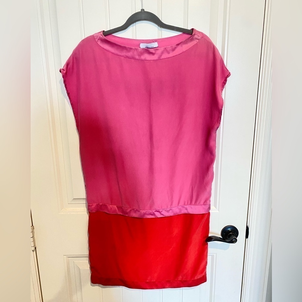 Pink & Orange colorblock 100% silk tunic dress, shift dress sz 2 Jean Paul Knott